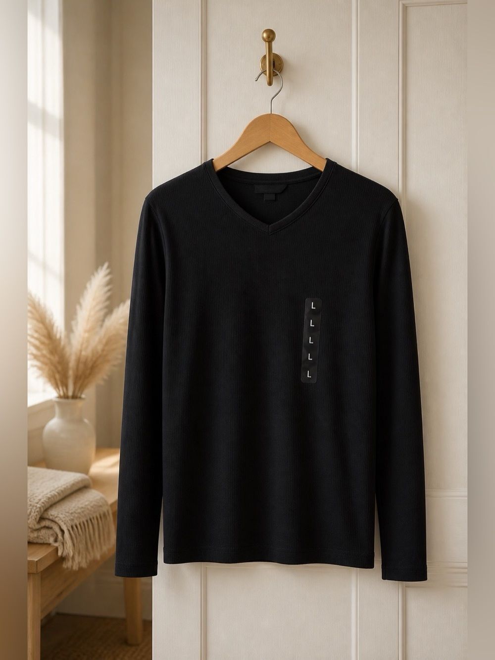 Structure Black Ribbed V-Neck Long Sleeve Top
